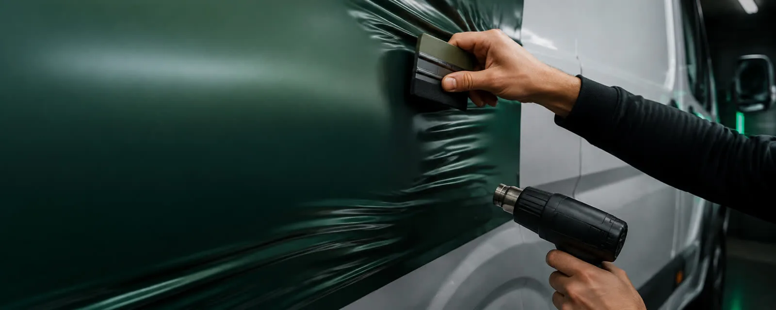 Vinyl being applied to a van with a squeegee and heat gun
