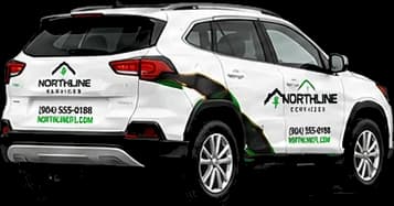 Pickup with a small wrap, angled view showing side and rear