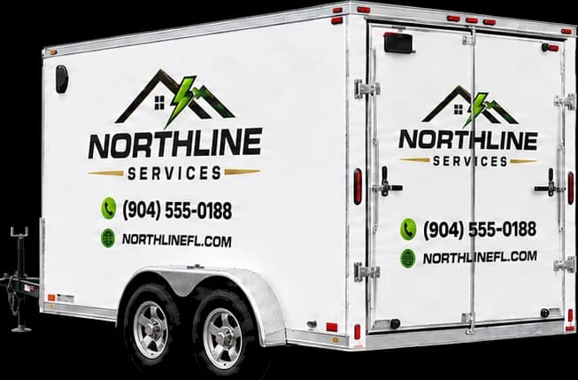 Trailer with decals, angled view showing side and rear