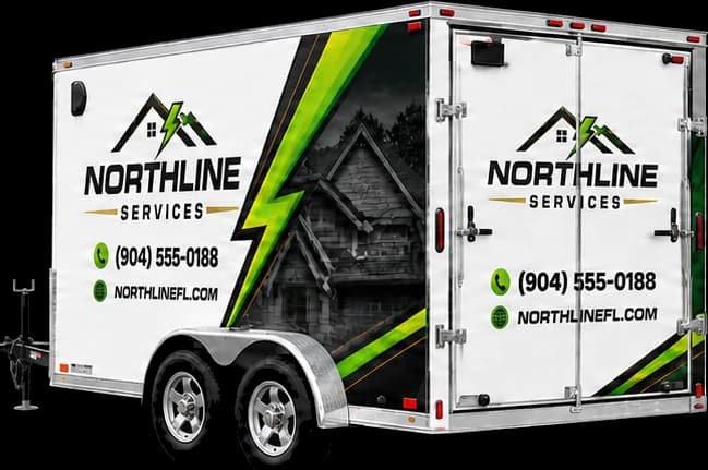 Trailer with a partial wrap, angled view showing side and rear