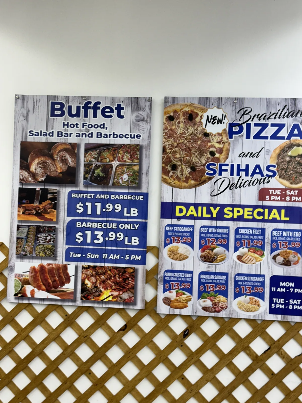 Printed menu board with buffet prices for a restaurant