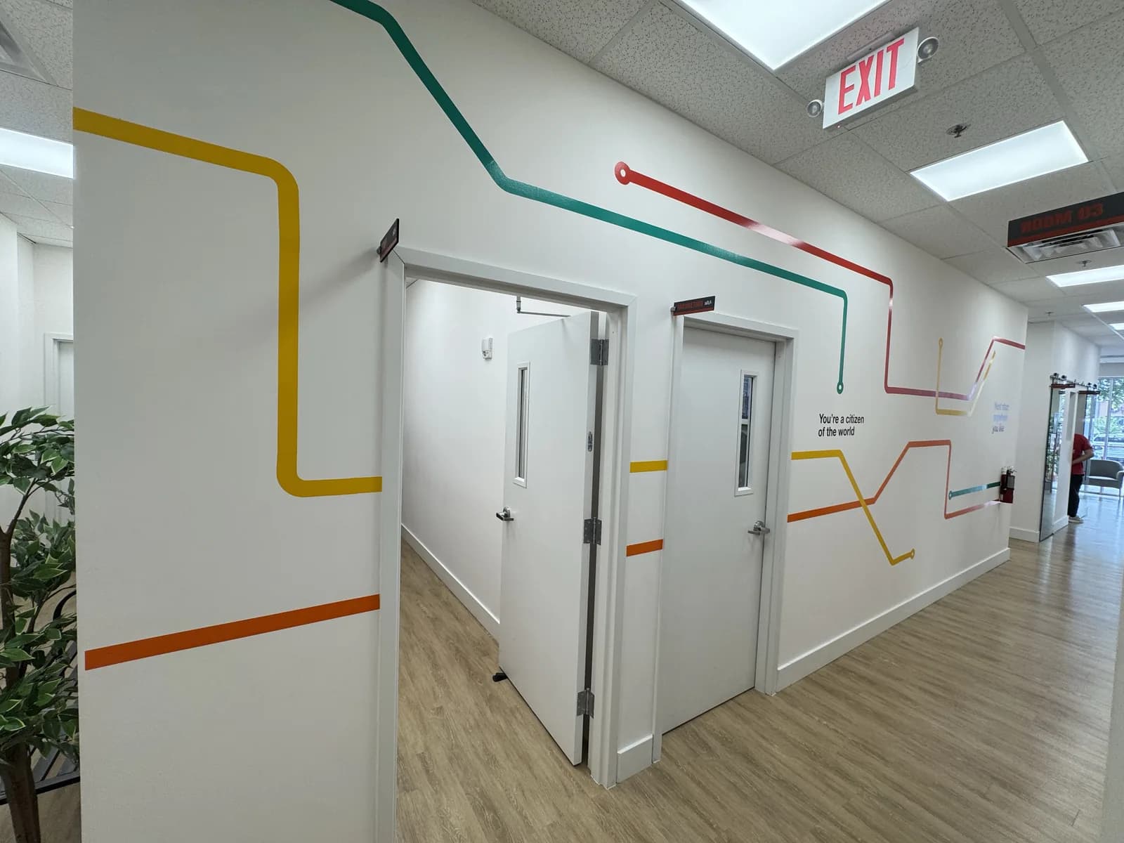 Clinic hallway with coloured wayfinding lines printed on the walls