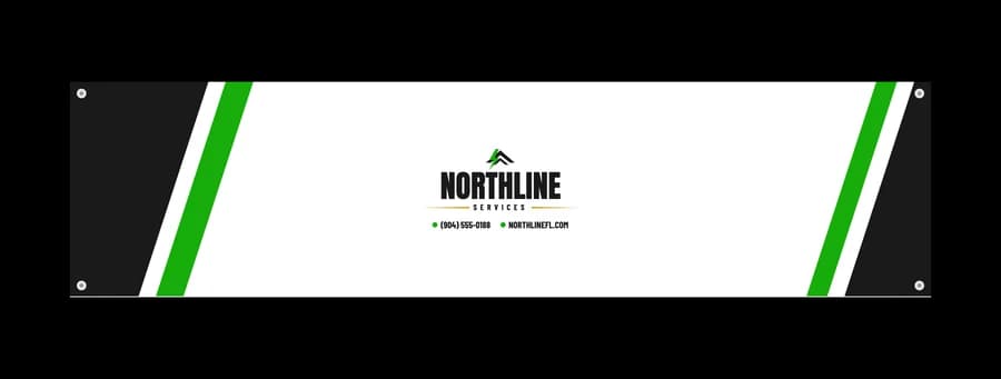 2 by 8 foot wide vinyl banner with grommets, printed with a company logo and contact details