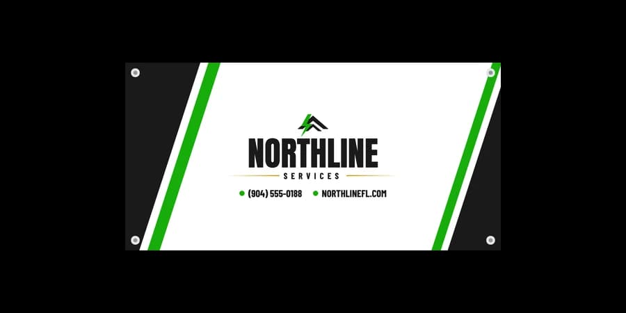 4 by 8 foot vinyl banner with grommets, printed with a company logo and contact details