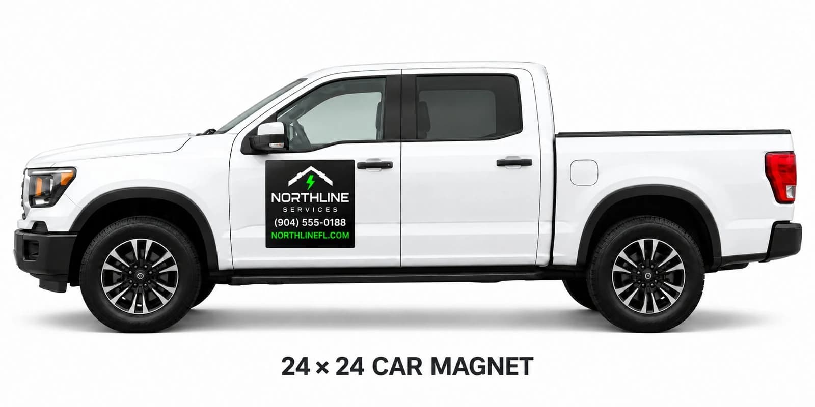 White pickup truck with a 24 by 24 inch square door magnet showing a company logo, phone number and website