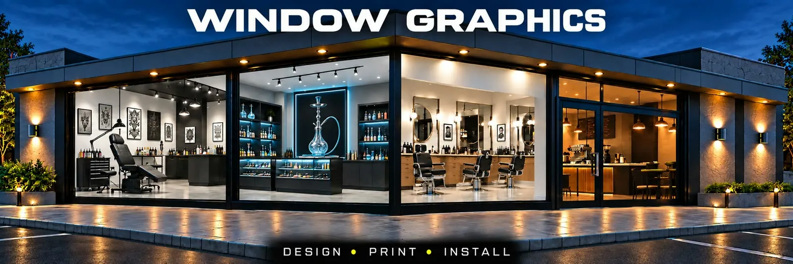 Storefront showing the four window film options side by side: full-colour print, perforated film, frosted privacy and clear glass