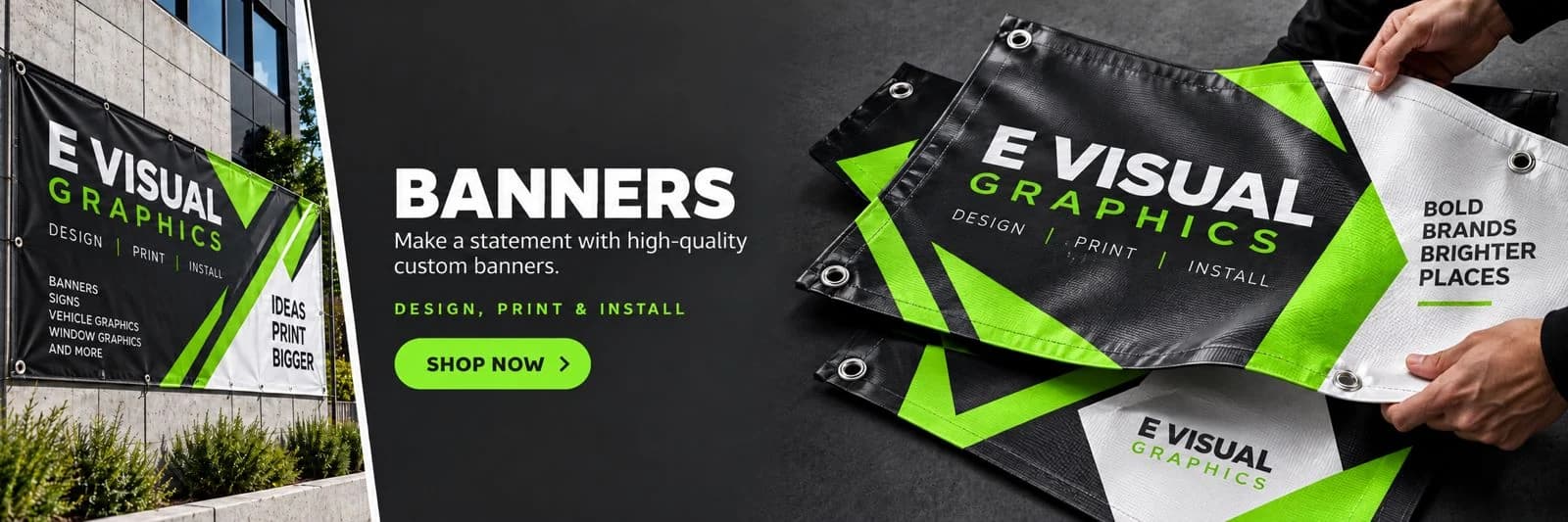 Printed vinyl banners with grommets, stacked and installed on a fence